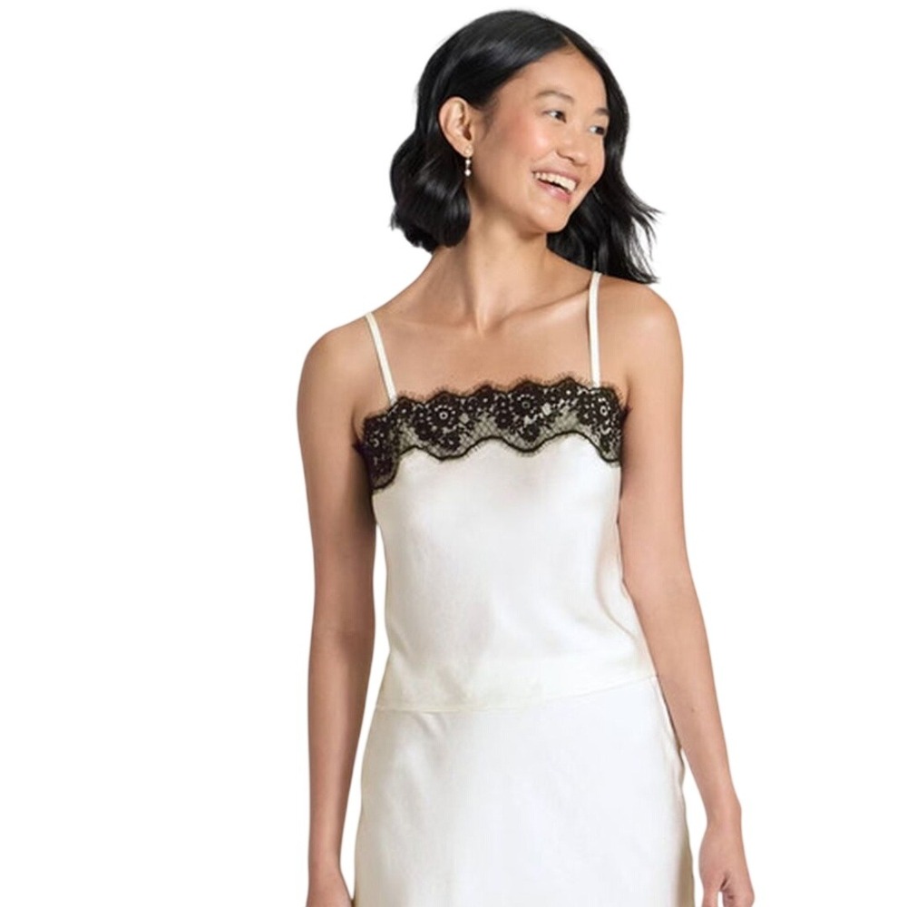 A New Day Women's White Black Lace Trim Satin Camisole Tank Top Size XL